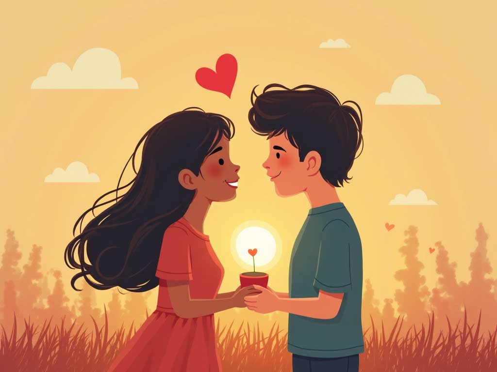 Illustration of a couple at sunset holding a small pot with a heart-shaped sprout